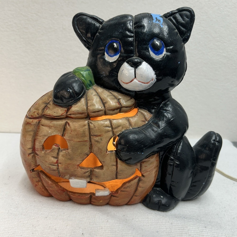 Vintage Halloween Black Cat Pumpkin Jack O Lantern Ceramic Candle Holder